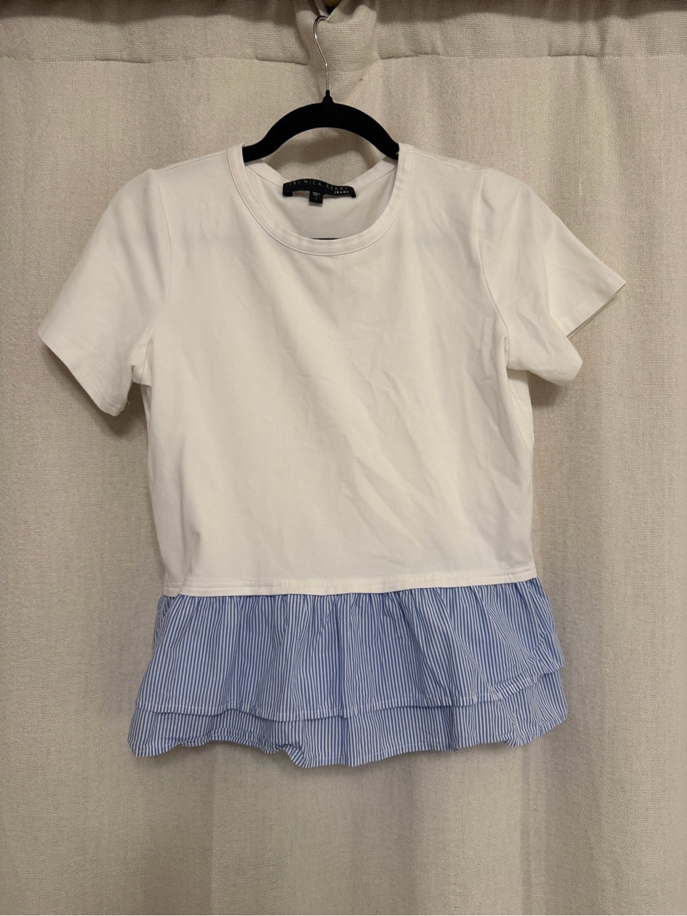 Veronica Beard White Short-Sleeve Tee with Blue Striped Ruffle Hem